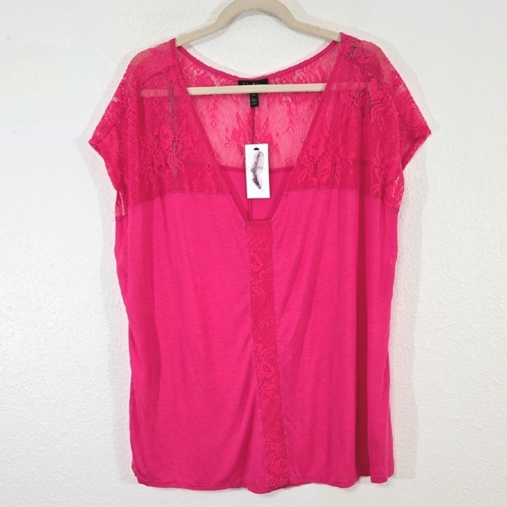 *NEW* Jessica Simpson Veena Lace Top Short Sleeve Bright Pink Feminine Flowy, 2X